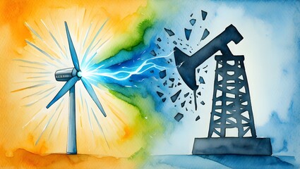 Surreal watercolor art showing a glowing wind turbine shattering an old oil pump. Represents the transition to clean green energy and sustainability.