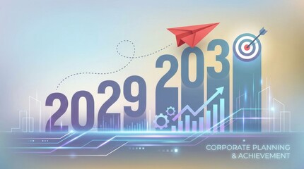 Red paper airplane flying towards target over year 2030 bar graph and city skyline 2029 2033