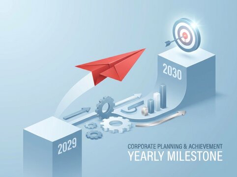 Red paper airplane flying towards a target on a 2030 milestone with gears and charts dart bullseye
