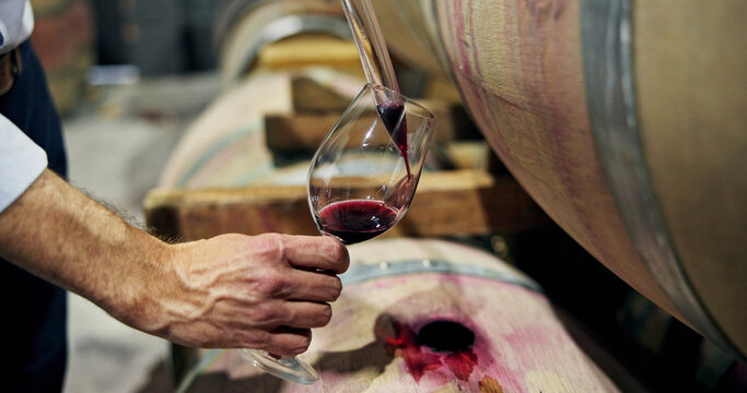 Hands, person and red wine with barrel in cellar for taste testing, quality control and production. Sommelier, glass and alcohol extraction for sampling, evaluation process and beverage inspection