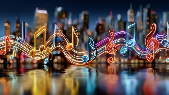 Melodic Cityscape: A vibrant, neon-lit skyline morphs into an artful array of musical notes, embodying the city's pulse and creative symphony.