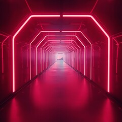 Futuristic neon-lit corridor with pink lights, sleek tunnel, and glowing exit, abstract architectural background