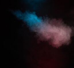 Blue and pink smoke on black background, bright cyan plume fading into soft pastel magenta cloud,...