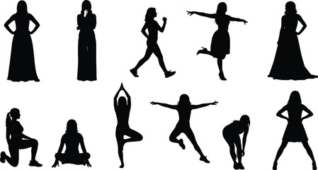 Obraz premium Collection of different female silhouettes in various poses and activities on a white background