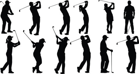 Collection of golf player silhouettes showing various dynamic swing poses for sports and recreation graphics