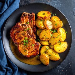 Pork chop with roasted potatoes and sauce on dark plate