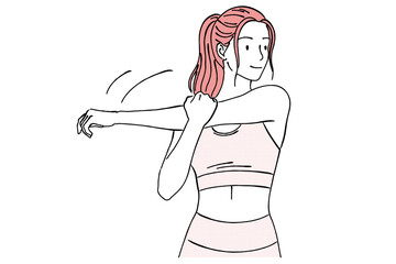 腕を伸ばしてストレッチする女性のシンプル線画イラスト