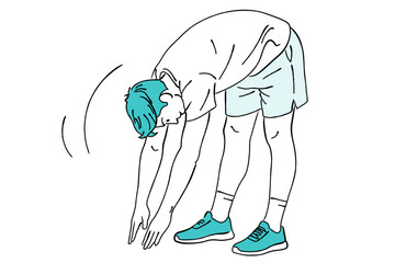 前屈して体を伸ばす男性のストレッチ線画イラスト