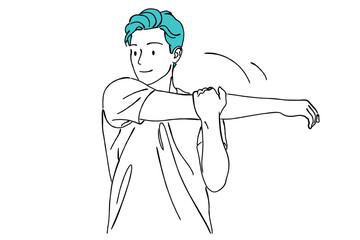 腕を伸ばしてストレッチする男性のシンプル線画イラスト