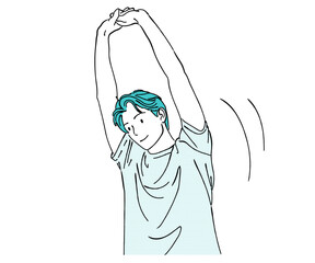 両腕を上に体側を伸ばす男性の体側ストレッチ線画イラスト