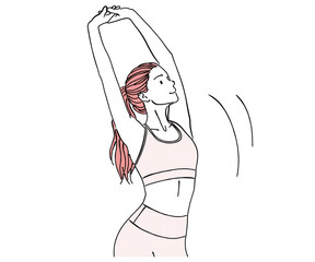 両腕を上に伸ばす女性の体側ストレッチ線画イラスト