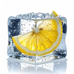 Lemon slice encased in a clear ice cube, water droplets