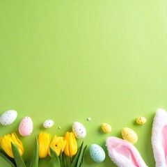 Easter-themed flatlay with pastel eggs, tulips, and bunny ears on a vibrant green background