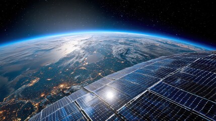 Satellite view of Earth showcasing solar panels reflecting sunlight with a stunning space backdrop and illuminated cities at night