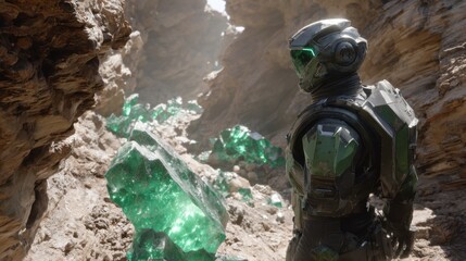 Futuristic Soldier in Sci-Fi Landscape Surrounded by Glowing Green Crystals in a Rocky Terrain