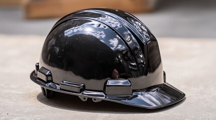 Black construction hard hat rests on neutral surface. Glossy plastic helmet offers head protection for industrial work, safety gear for builders, engineers. Essential equipment.