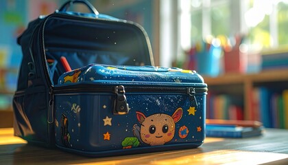Small blue suitcase with a cute cat design on it placed on a wooden surface near a bookshelf.