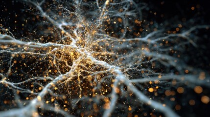 Abstract representation of a neural network with glowing connections and particles on a dark background for scientific visualization
