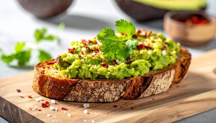 A slice of toasted bread topped with mashed avocado and herbs