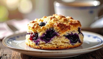 A blueberry biscuit on a plate with a cup in the background