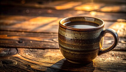 A ceramic coffee cup on a wooden table