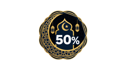 Golden Ramadan sale banner with 50 percent off discount