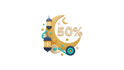 Vibrant Ramadan discount banner with 50 percent off offer and crescent moon