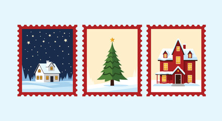 Fototapeta premium Set of three Christmas themed postage stamps featuring a cozy snowy cottage a decorated pine tree and a large red winter house in a village.