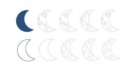 Obraz premium Educational worksheet for children featuring dashed lines for tracing crescent moon shapes with craters for fine motor skills development.