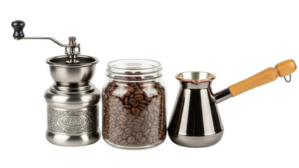 Vintage Coffee Grinder, Jar of Beans, and Turkish Coffee Pot manual isolated on a transparent background