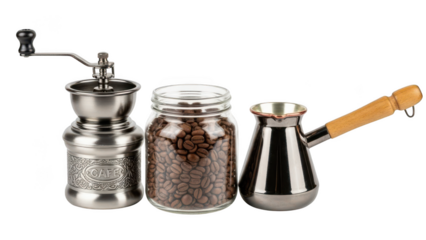 Vintage Coffee Grinder, Jar of Beans, and Turkish Coffee Pot manual isolated on a transparent background