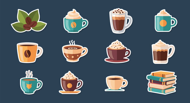 Selection of coffee and literature themed stickers including various mugs of latte and stacks of books for cafe and hobby enthusiasts.
