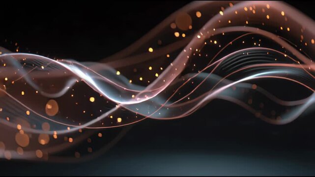 Energy waves flowing smoothly across a dark background with glowing orange particles and fluid motion