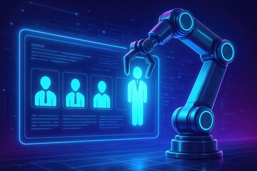 Robotic Arm Selecting Human Icon from Digital Display with Glowing Circuit Board Background robot arm