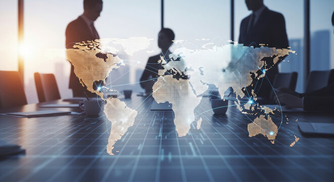 Global Business Meeting With Digital World Map Projection On Conference Table In Modern Office With Silhouettes Of Businesspeople During Sunset Golden Hour Lighting - Powered by Adobe