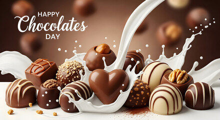 Assorted chocolates with milk splashing on world chocolate day