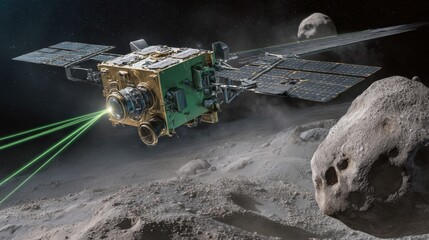 Spacecraft exploration of asteroids utilizing advanced laser technology for scientific study and resource identification in outer space