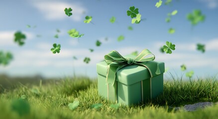 A lucky gift green present with clovers floating in a grassy field