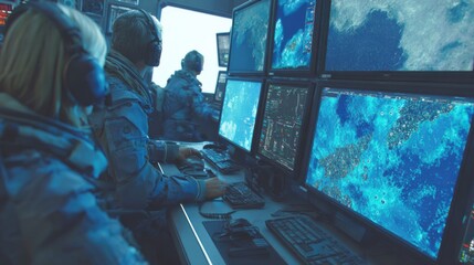 Team of Analysts Monitoring Ocean Data on High-Tech Screens in a Modern Control Room Environment