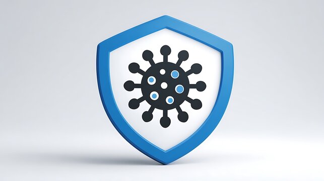 Blue shield icon with white border, black circle representing virus. Virus protection concept illustration. Medical defense symbol for health safety precautions. White background.