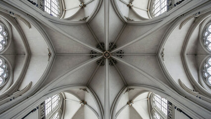 Ornate cathedral ceiling with vaulted arches and stained glass windows
