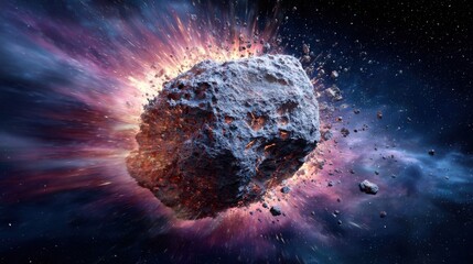 Dramatic Asteroid Collision in Cosmic Space, Exploding with Brilliant Colors and Stellar Debris in Vast Universe Scene