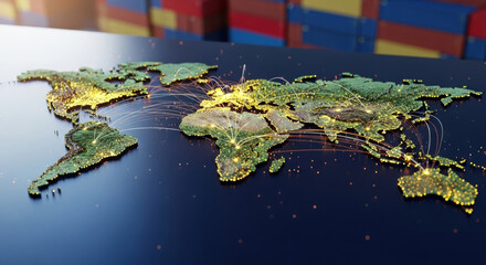 A illuminated world map shows global network connectivity and trade routes. Digital lights represent commerce and logistics.