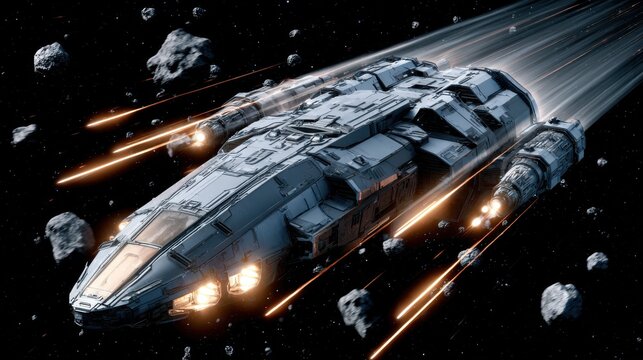 Futuristic spaceship navigating through asteroid field with propulsion flames in outer space, science fiction and adventure theme - Powered by Adobe