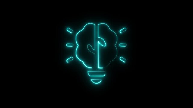 glowing neon light bulb and brain icon on black background. smart thinking idea and inspiration innovation concept. Innovative Light bulb with brain, Teamwork and idea concept. Creative new idea.