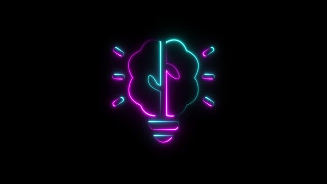 glowing neon light bulb and brain icon on black background. smart thinking idea and inspiration innovation concept. Innovative Light bulb with brain, Teamwork and idea concept. Creative new idea.