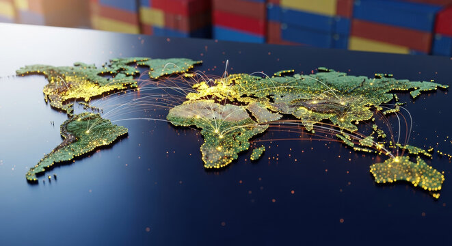 A illuminated world map shows global network connectivity and trade routes. Digital lights represent commerce and logistics. - Powered by Adobe