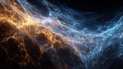 Abstract cosmic network of blue and orange energy streams showcasing luminous textures and dynamic structures in a dark background