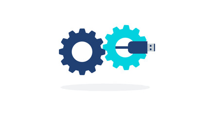 usb cable connecting blue cogwheels minimalist flat icon symbolizing data integration software configuration and system backup