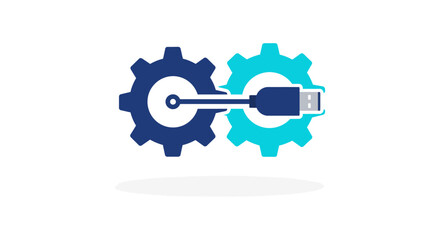 usb cable connecting two gear icons flat vector illustration of software integration and data sync concept for tech support and api solutions